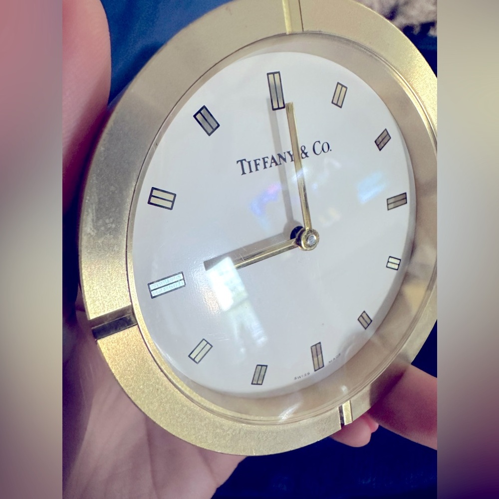 Tiffany & Co Brass Covered Quartz Round Tube Desk Clock White Dial Paperweight